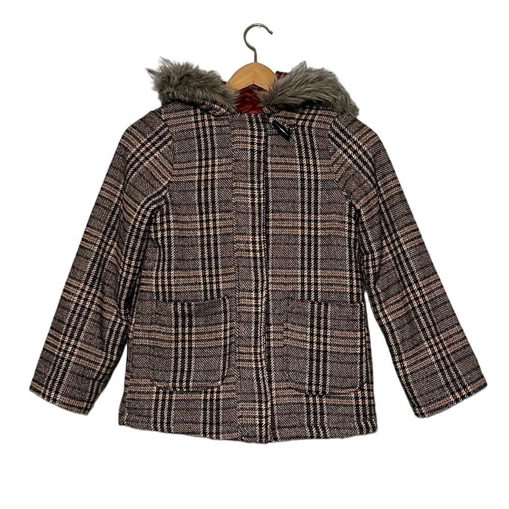 Girls Coat Size 10 Plaid Wool Blend Faux Fur Hood Full Zip Jessica Simpson